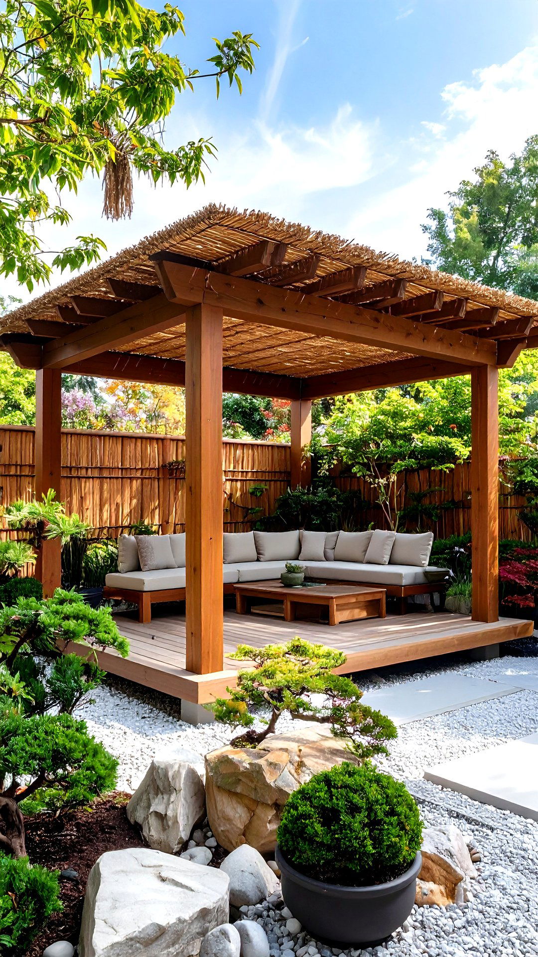 A Shade Pergola Protects Delicate Broadleaves - 25 bonsai garden ideas