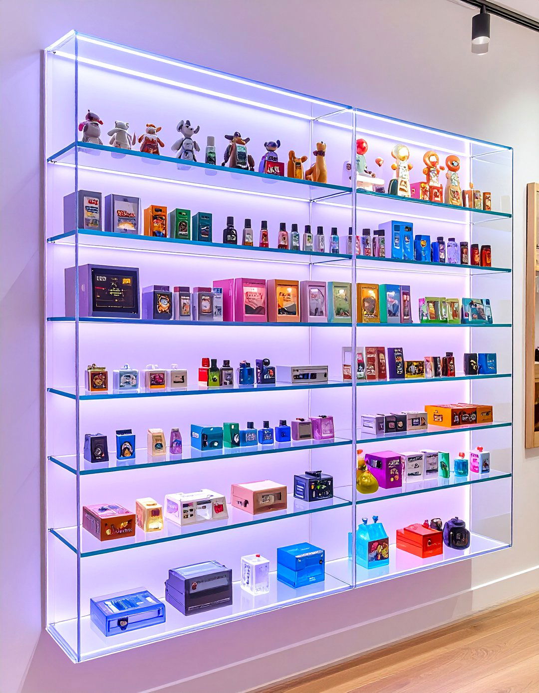 Acrylic Display Shelves Showcase Collectibles in Gamer Girl Room - 25 gamer girl room ideas