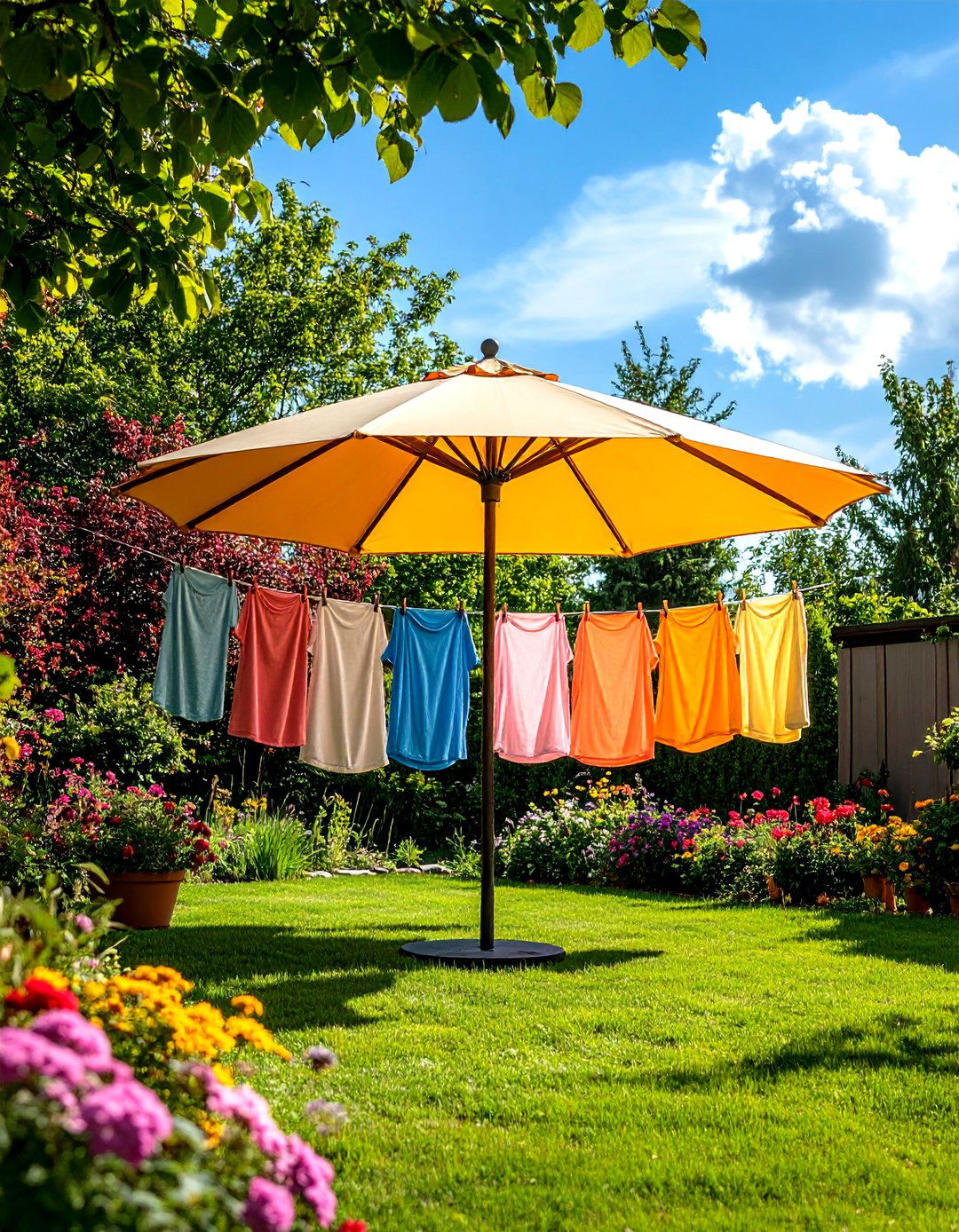 Adjustable Height Umbrella Line for Wheelchair or Child Access - 25 outdoor clothesline ideas
