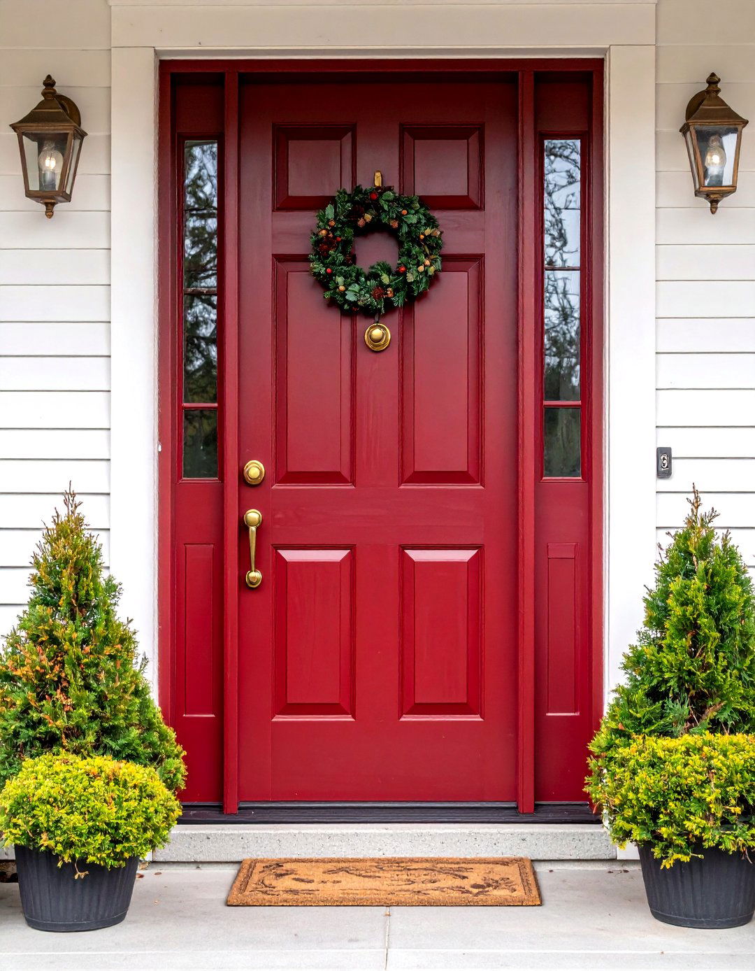 Aged Bronze Hardware on Dark Red Front Door - 25 dark red front door ideas