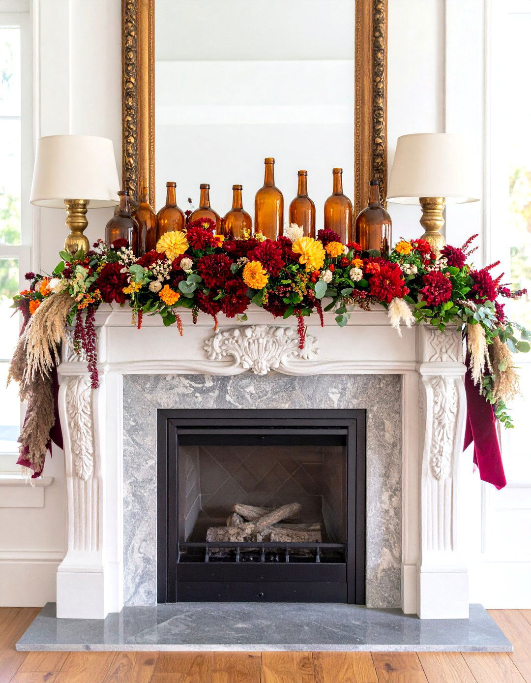 Amber Glass and Jewel Tones Mantel - 25 fall mantel decor ideas