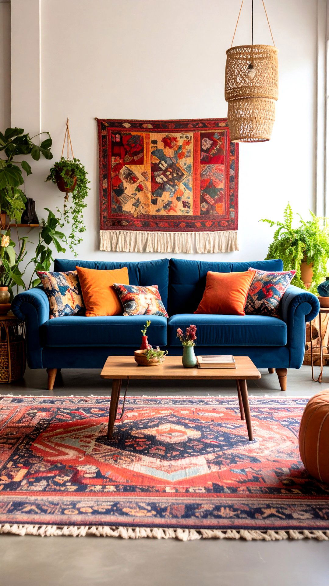 Anchor With a Jewel Tone Velvet Sofa in the Boho Living Room - 25 colorful boho living room ideas