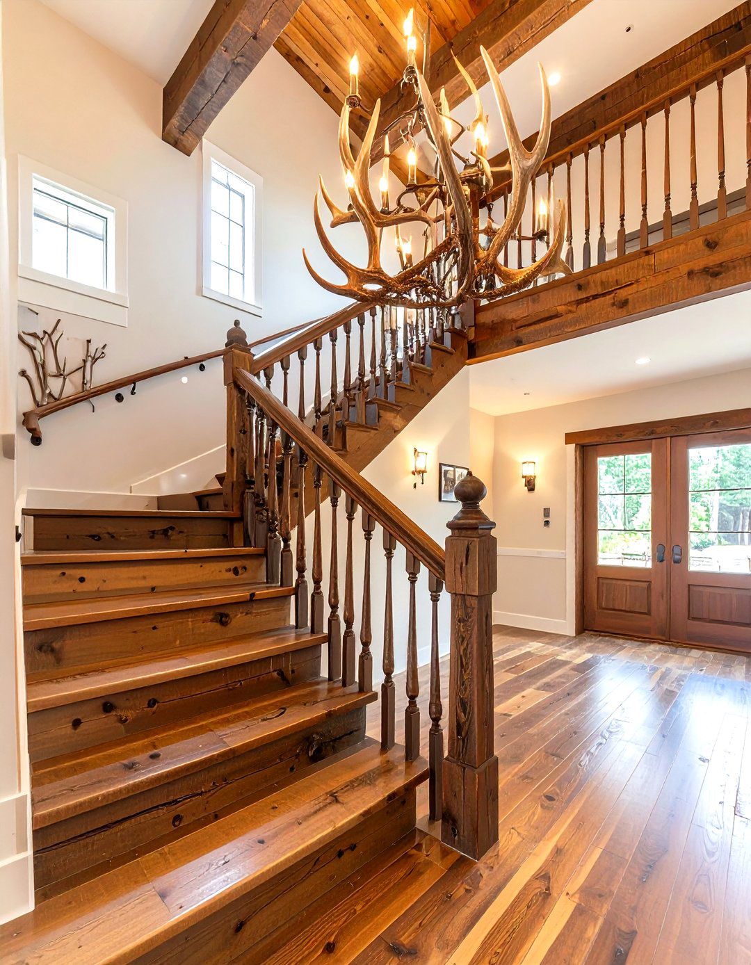 Antler Handrail Stair Railing - 25 farmhouse rustic stair railing ideas