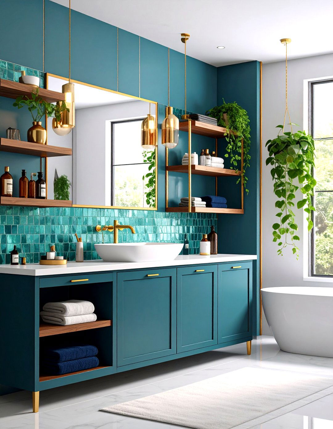 Aqua Glass Backsplash Bathroom with Gold Shelf Brackets - 25 blue and gold bathroom ideas