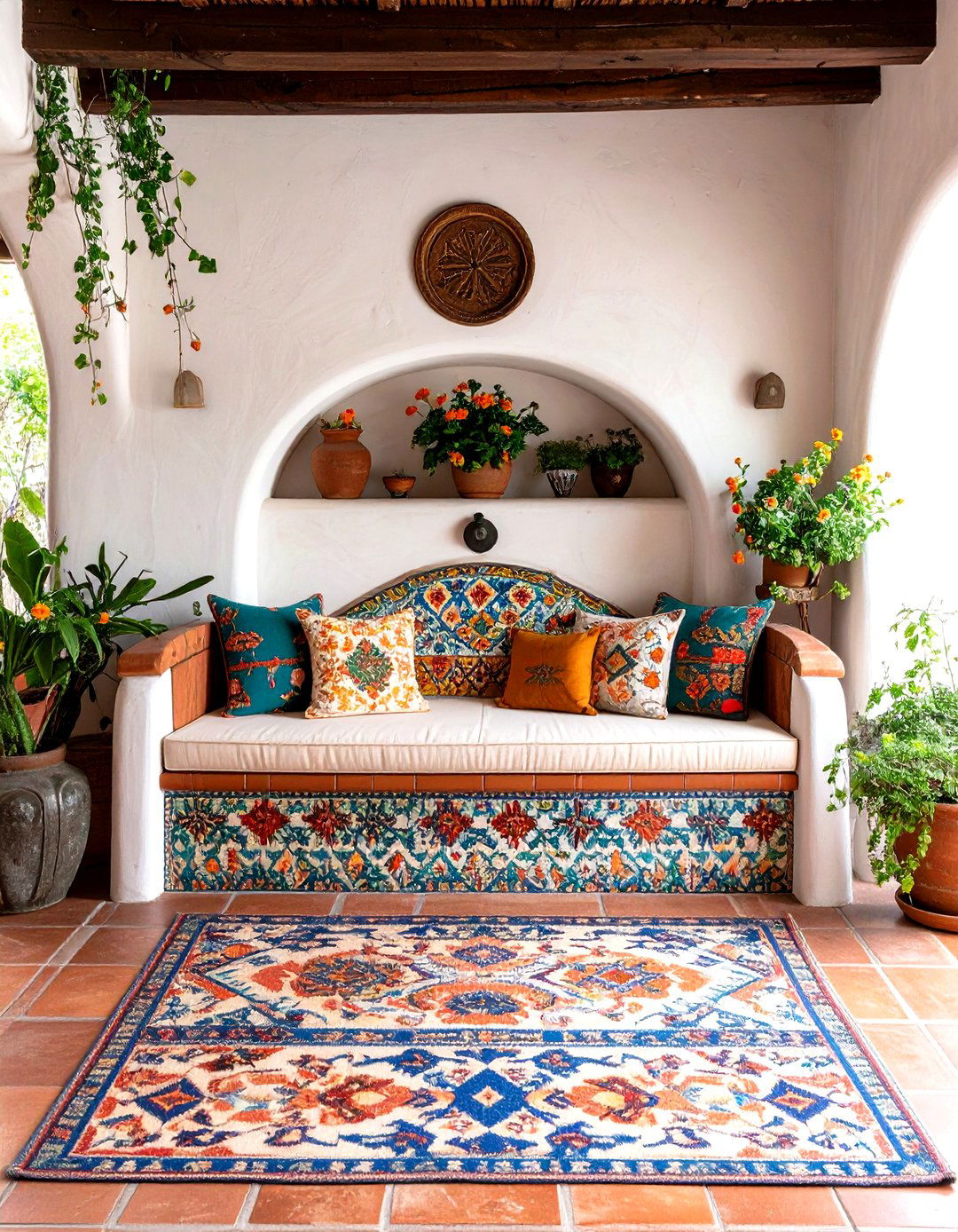 Arch Back Spanish Style Stucco Bench Hearth - 25 fireplace bench ideas
