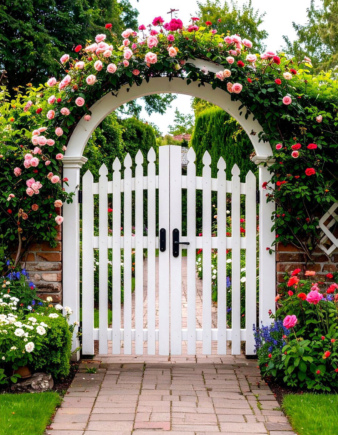 Arched Cottage Picket Fence Gate With Flower Box Trellis - 25 Fence Gate Ideas