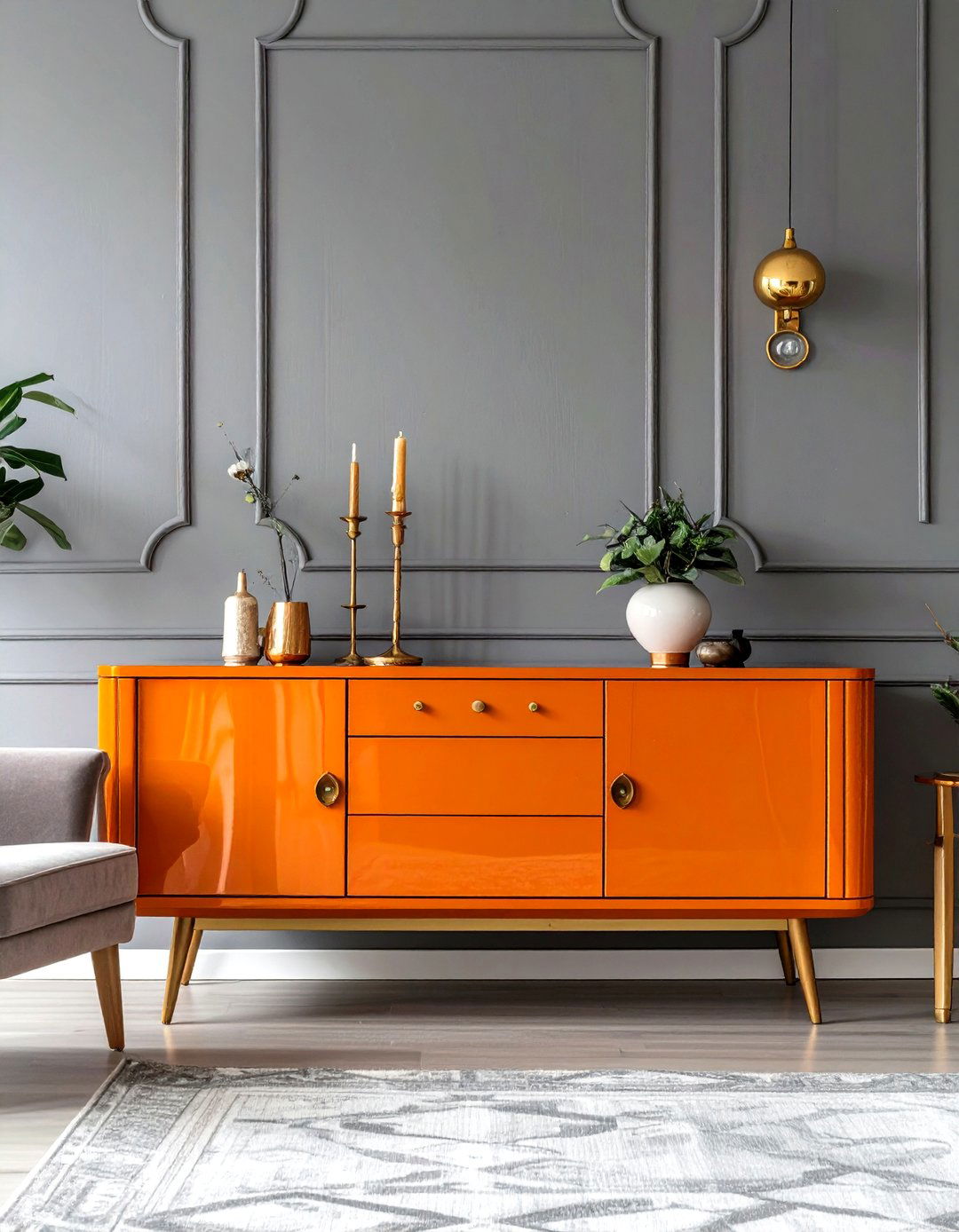 Art Deco Glamour Orange Lacquer Sideboard Against Grey Mouldings - 25 orange and grey living room ideas