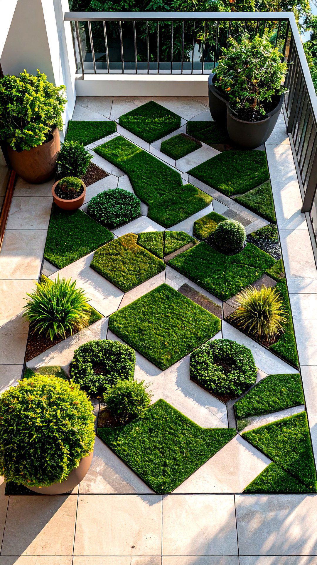Artistic Pattern Inlay with Grass Tiles - 25 artificial grass balcony design