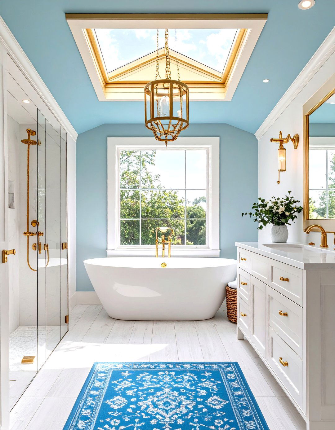 Baby Blue Ceiling Bathroom with Gold Skylight Frame - 25 blue and gold bathroom ideas
