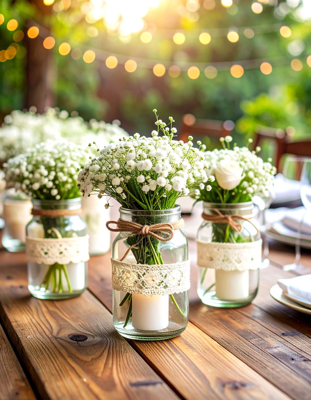 Babys Breath and Lace Mason Jar Classic - 25 mason jar wedding centerpieces