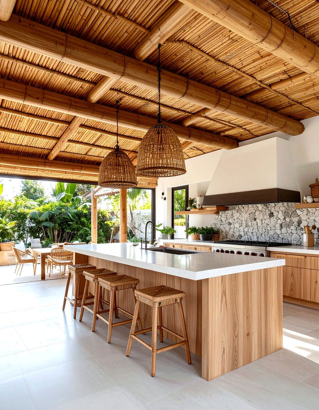Bamboo Lathe Roof Exudes Eco Chic Warmth - 25 outdoor kitchen roof ideas