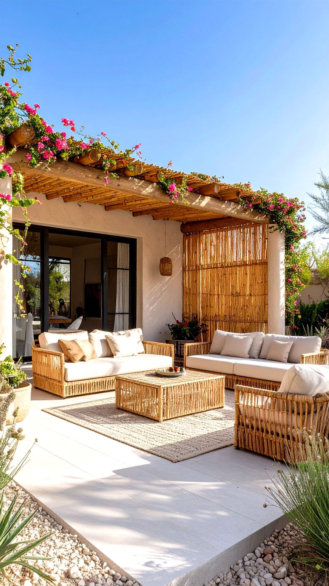 Bamboo Privacy Screens Frame the Boho House Exterior Oasis - 25 boho house exterior ideas