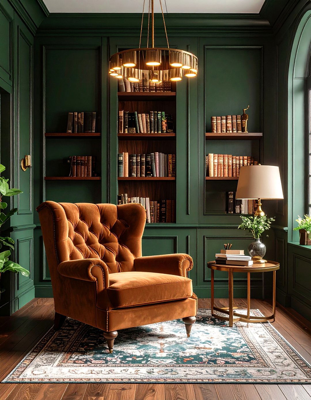 Basil Green and Walnut Harmony - 25 dark green home library ideas and inspiration