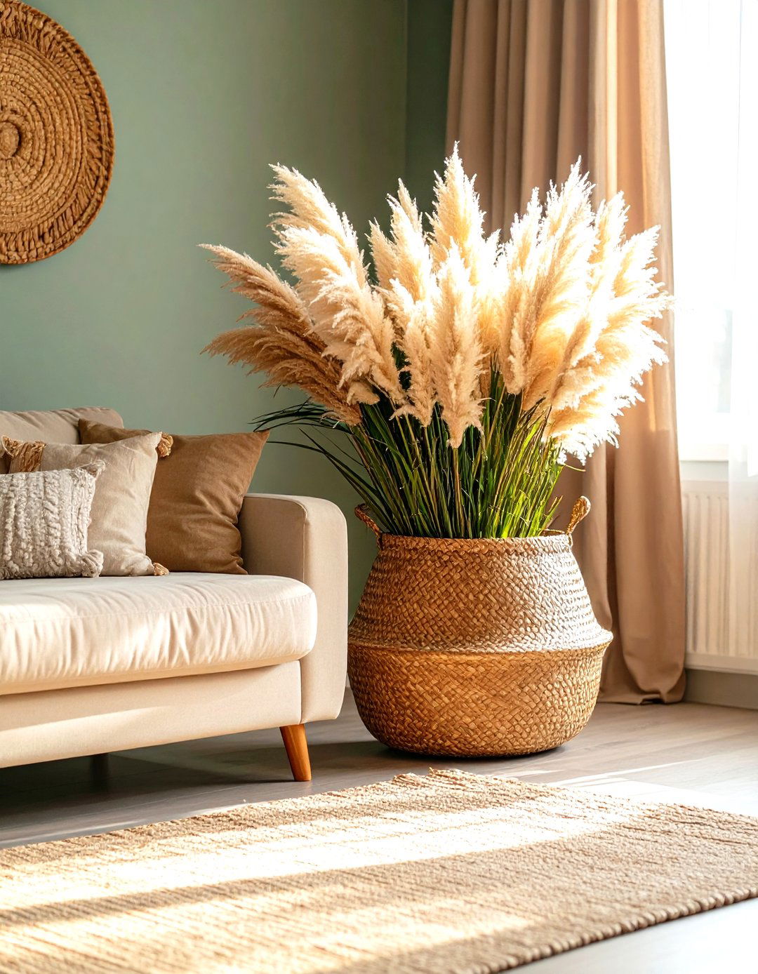 Basket Filled Pampas Grass Cluster in a Living Room Corner - 25 pampas grass decor ideas
