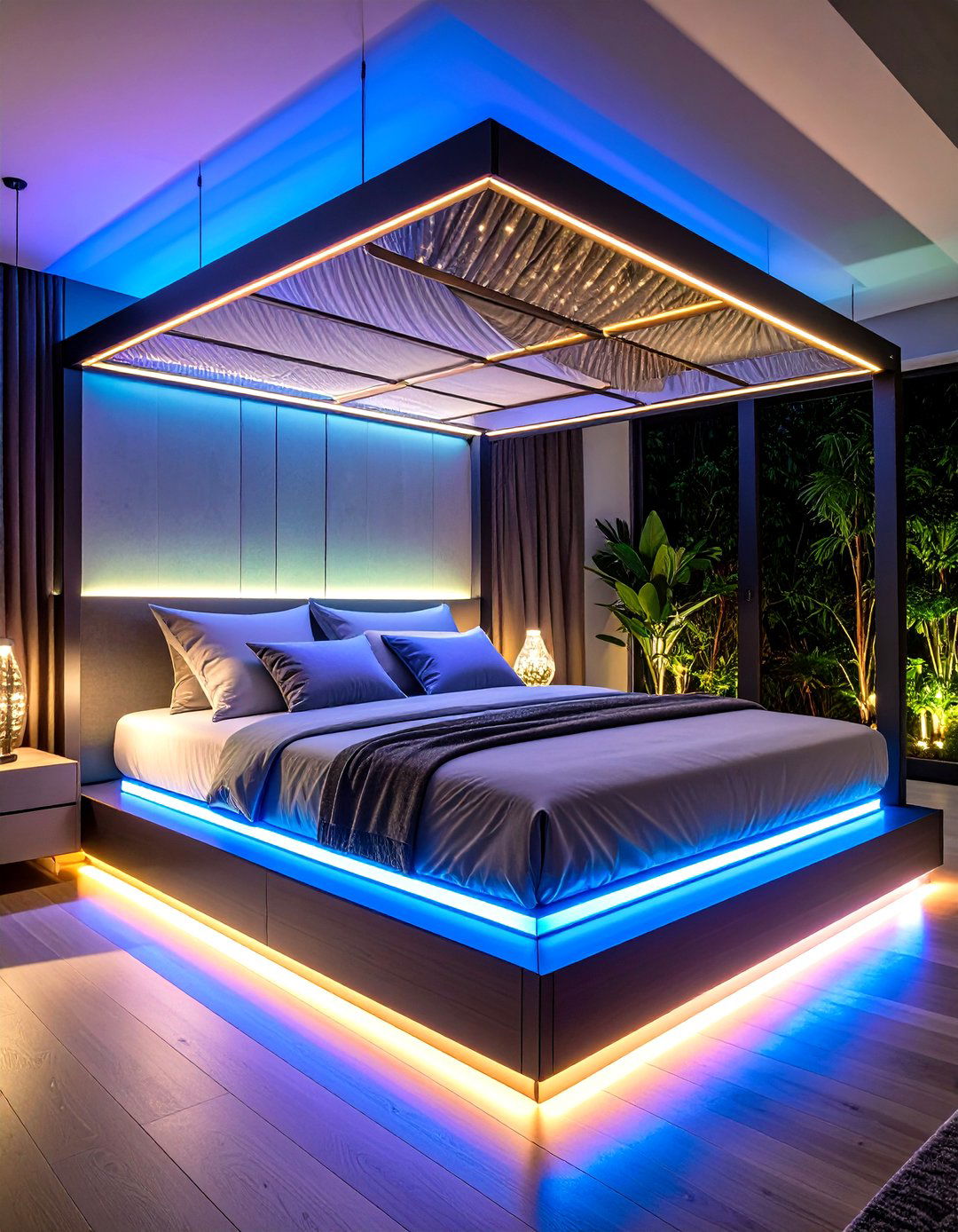 Bed Canopy Integrated LED Strip Rails - 25 aesthetic room ideas with led lights