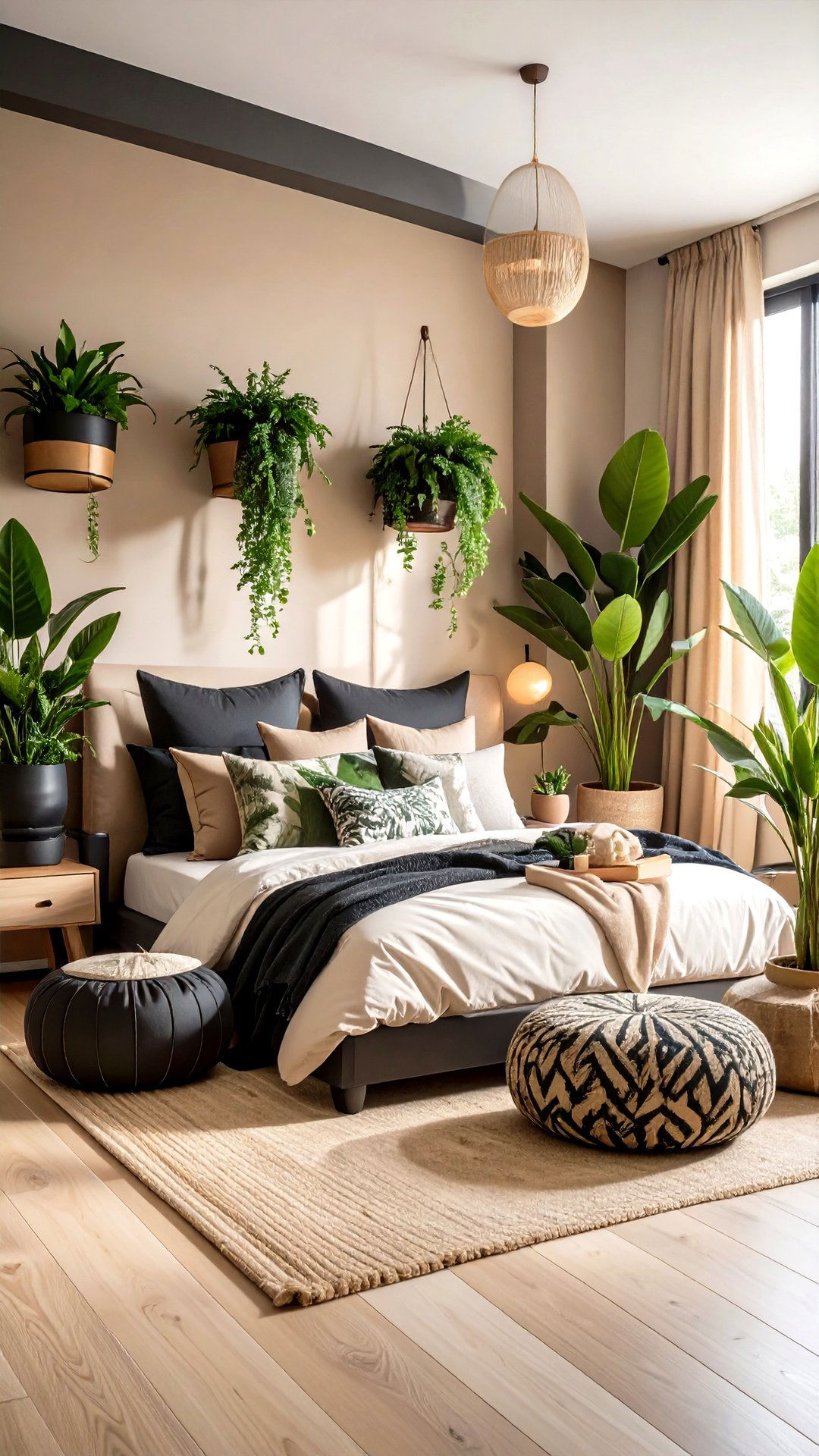 Biophilic Accents Energize a Black and Beige Bedroom - 25 black and beige bedroom design ideas