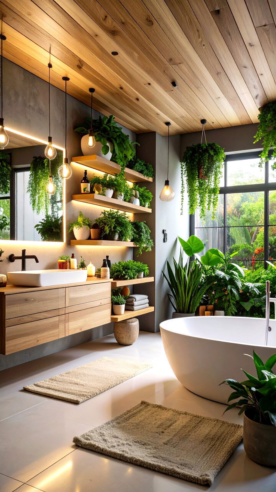 Biophilic Green Bathroom Plant Shelves - 25 aesthetic bathroom ideas