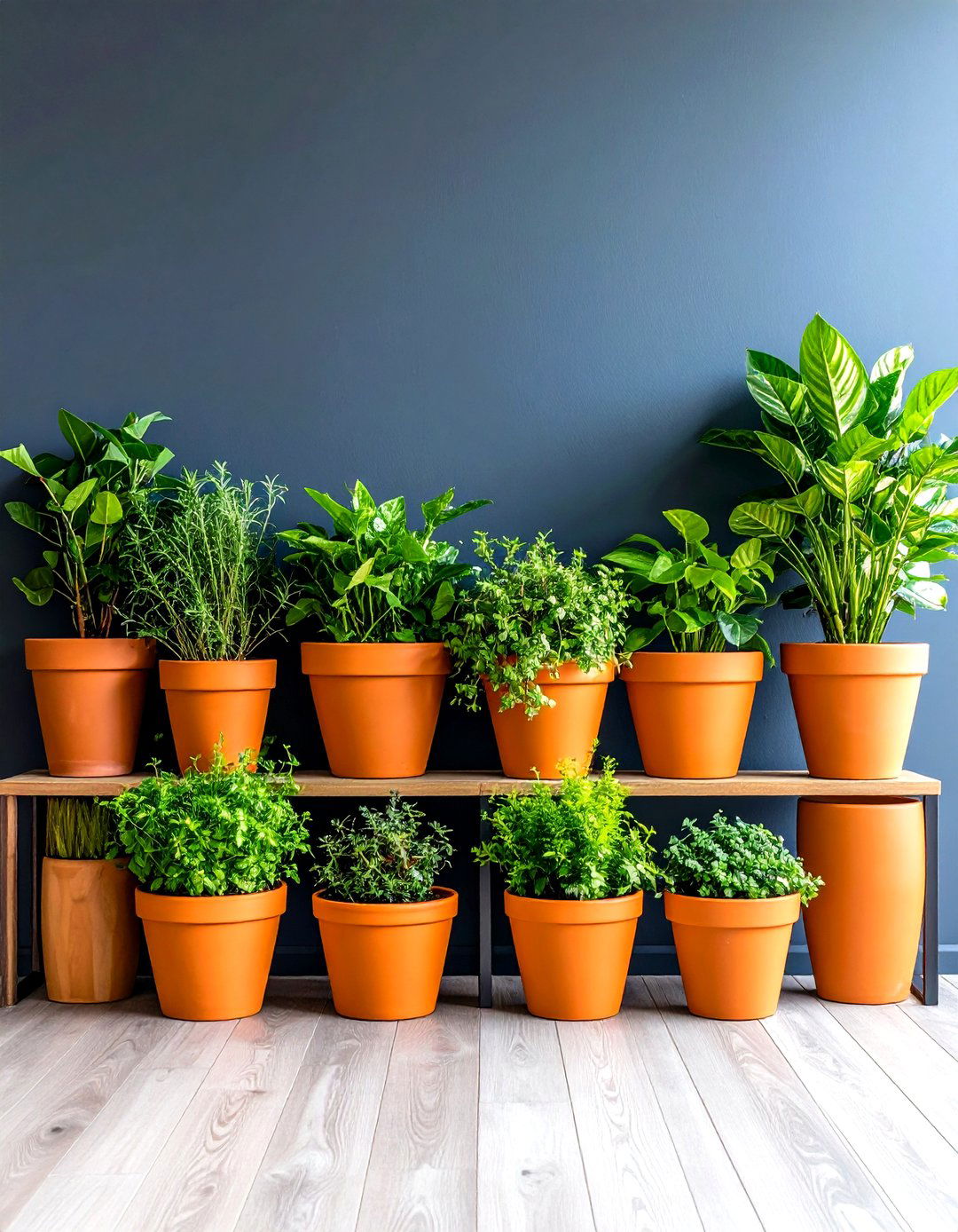 Biophilic Twist Orange Clay Planters Pop off Graphite Walls - 25 orange and grey living room ideas