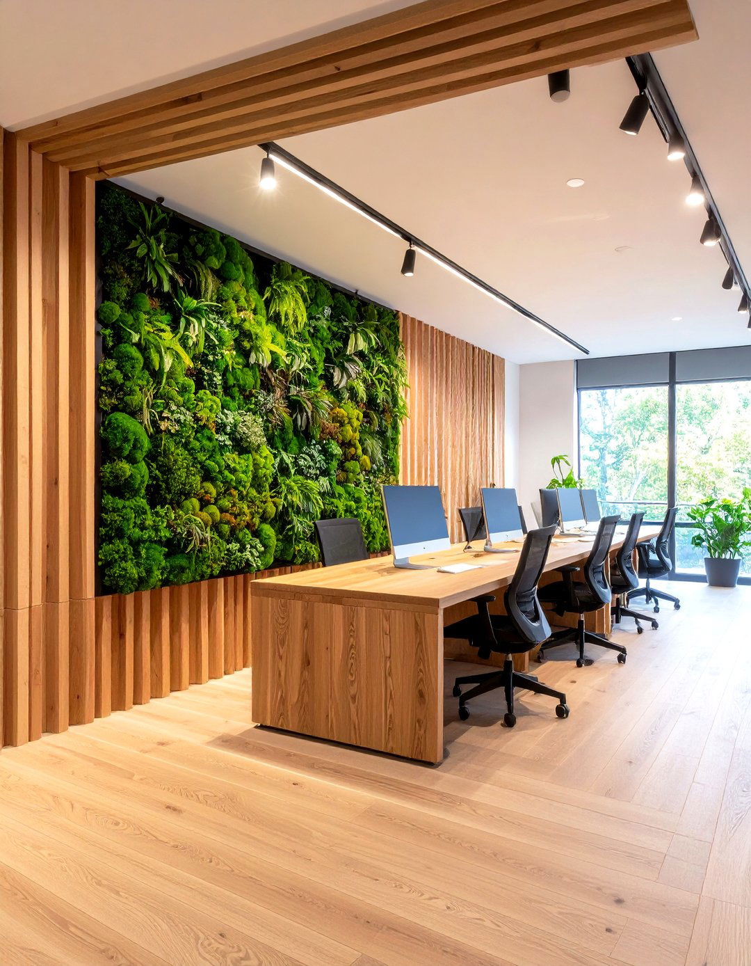 Biophilic Wood and Green Fusion - 25 office accent wall ideas