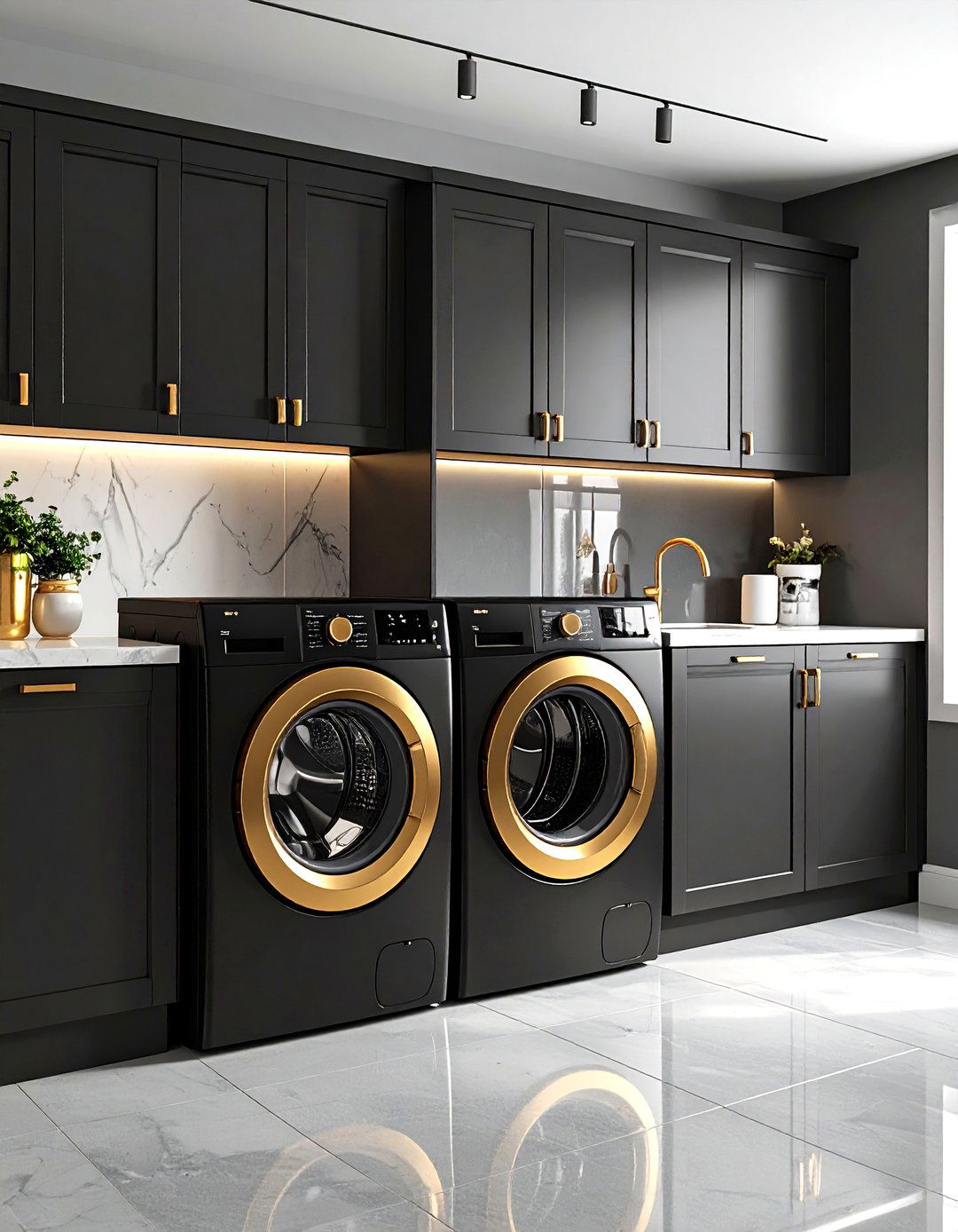 Black Appliances and Brass Hardware Laundry Room - 25 dark & moody laundry room ideas