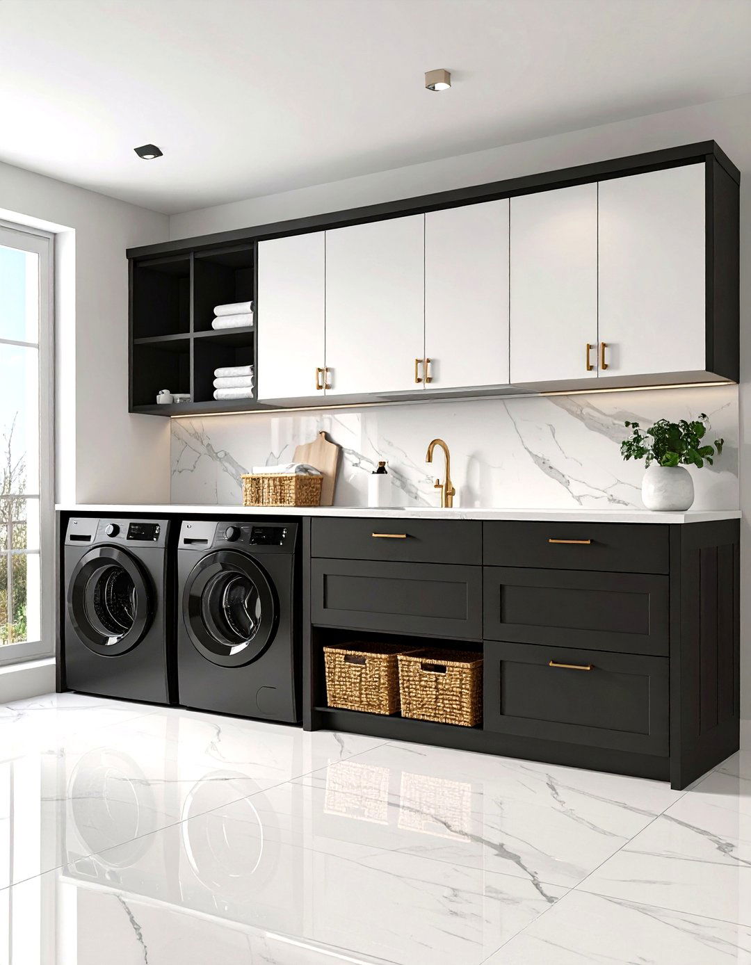 Black Base Cabinets with White Quartz Keep Laundry Room Clutter Tidy - 25 black and white laundry room ideas