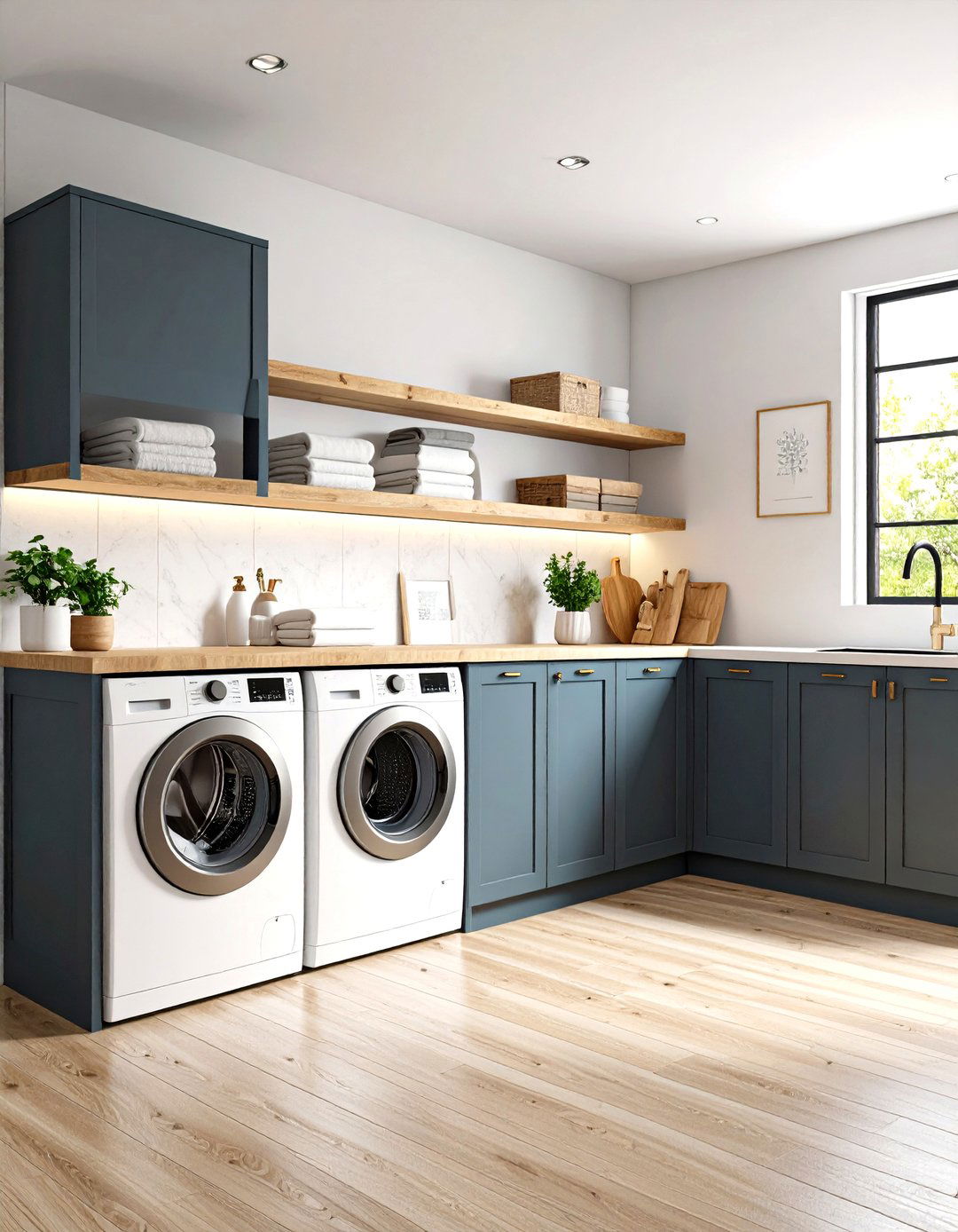 Black Cabinets with Warm Wood Shelves Give the Laundry Room Soul - 25 black and white laundry room ideas