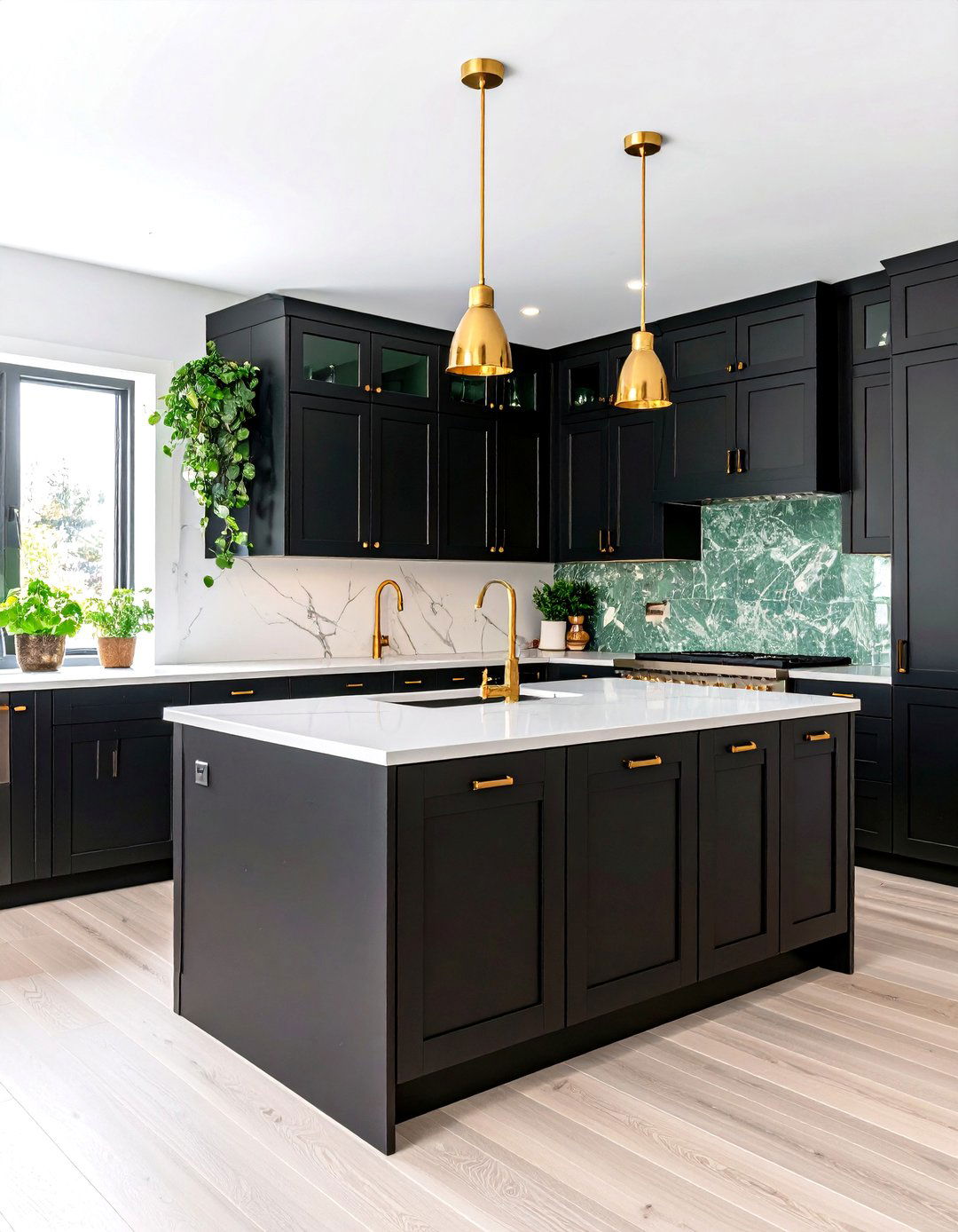 Black Cabinets with White Counters and Green Accents - 25 black kitchen cabinets with white countertops