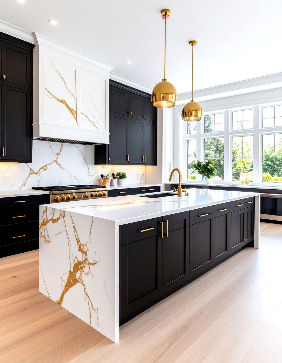 Black Cabinets with White Countertops and Gold Veined Quartz - 25 black kitchen cabinets with white countertops