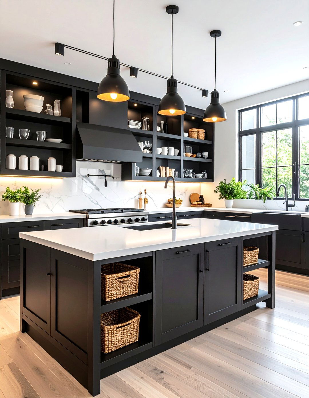 Black Cabinets with White Countertops and Open Shelves - 25 black kitchen cabinets with white countertops