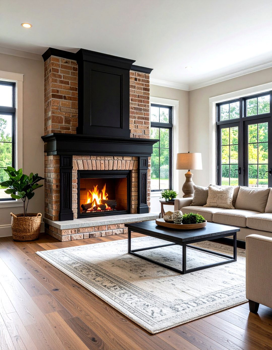 Black Firebox with Light Brick Surround - 25 painted brick fireplace ideas