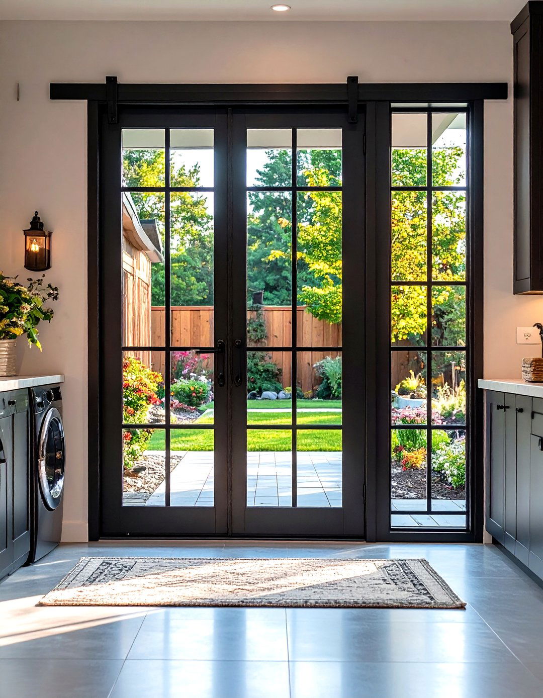 Black Framed Glass Pocket Door Contains Noise in Style - 25 black and white laundry room ideas