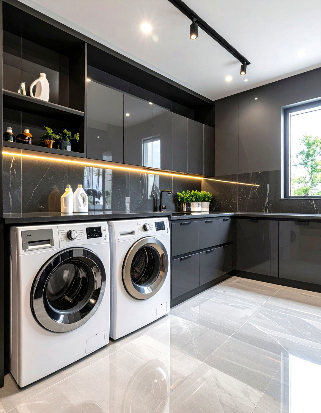 Black Glass Backsplash Laundry Room - 25 dark & moody laundry room ideas