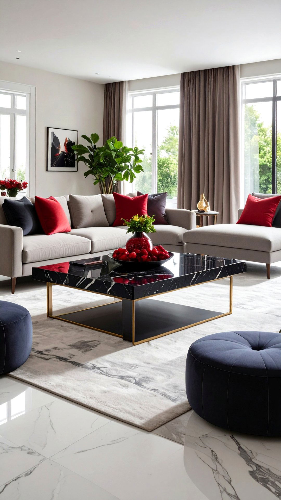Black Marble Coffee Table and Ruby Accents Ground the Living Room - 25 black and red living room ideas