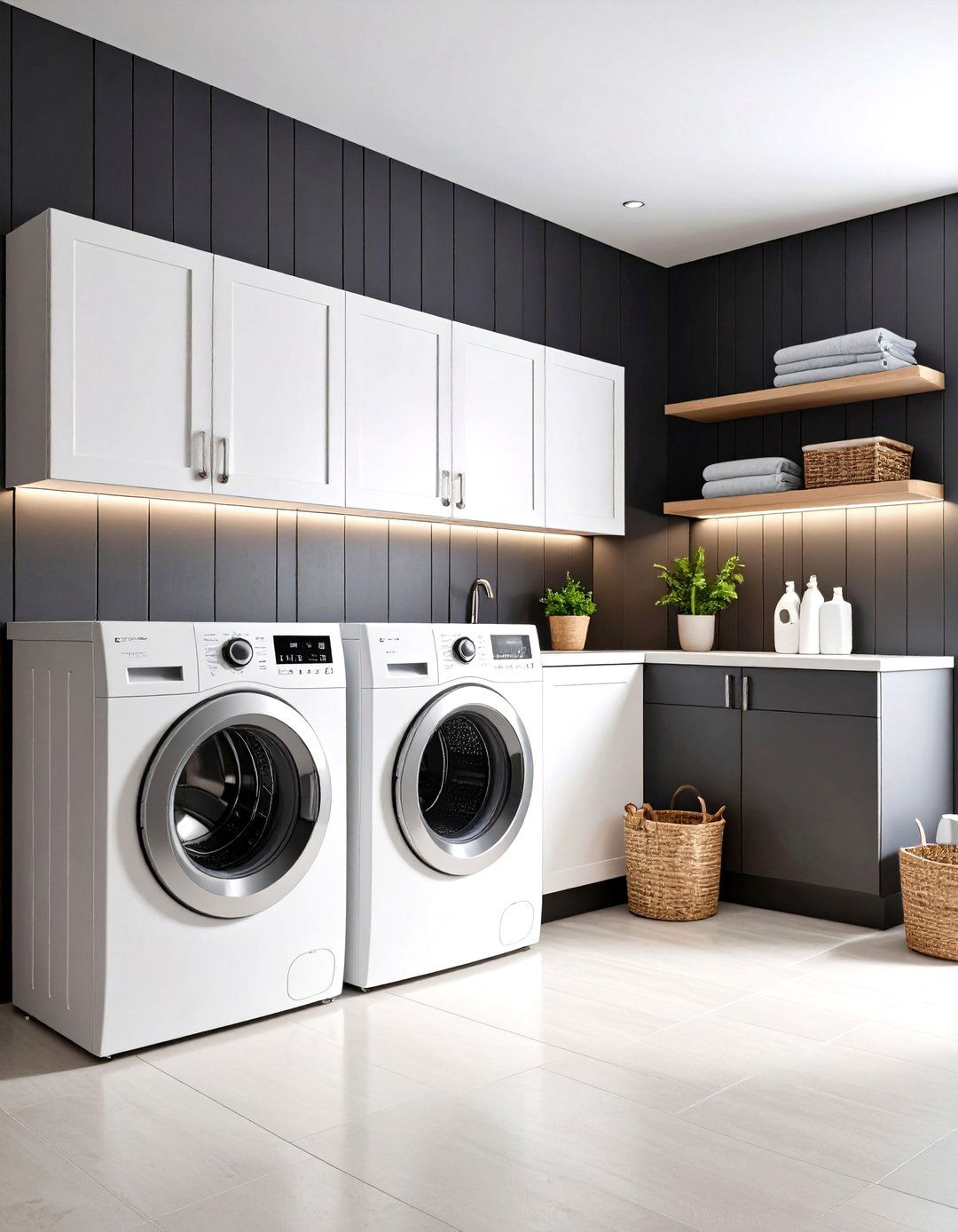 Black Shiplap Accent Wall Frames the Laundry Room Work Zone - 25 black and white laundry room ideas