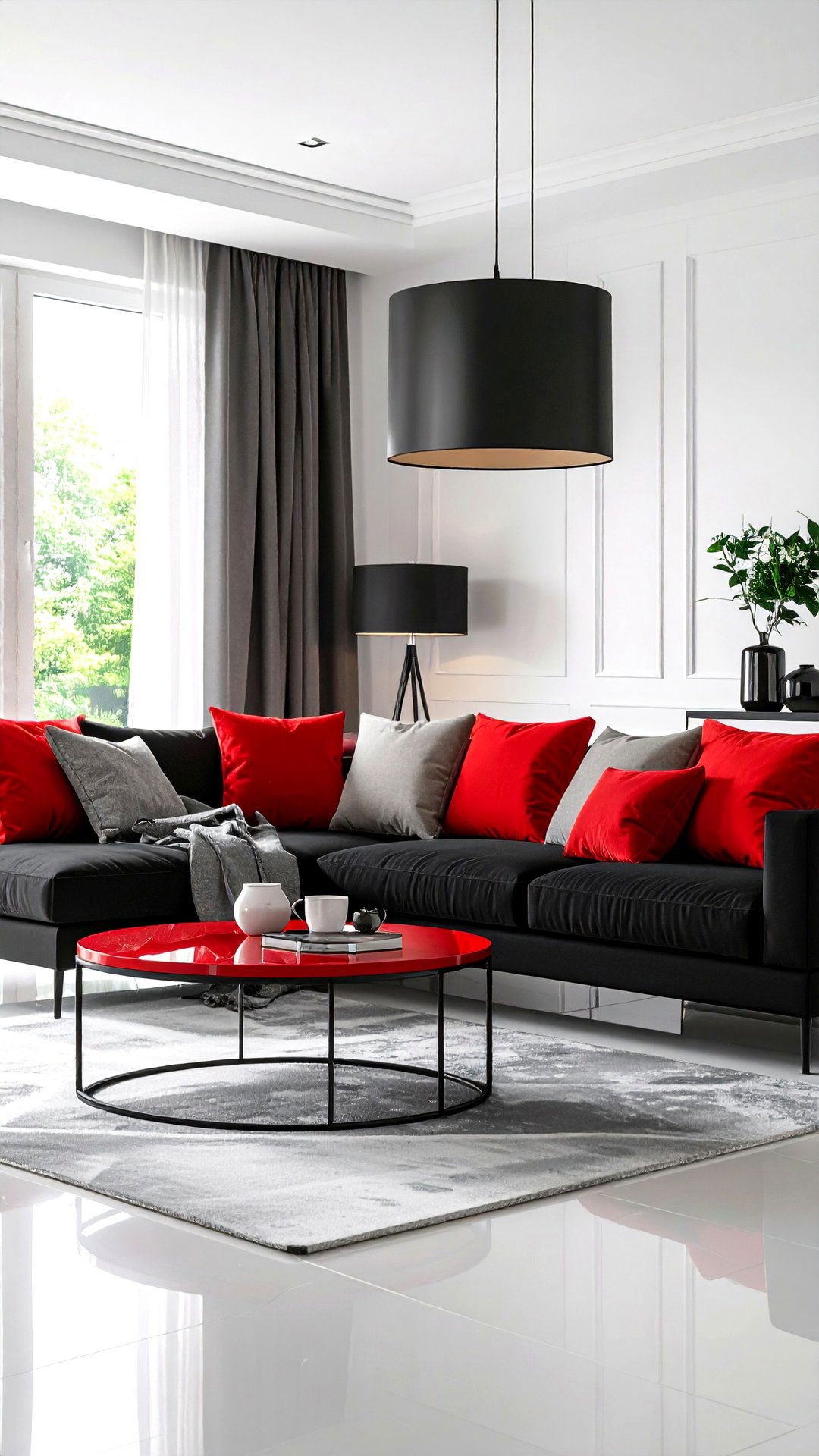 Black Sofa Scarlet Cushions Create Living Room Focus - 25 black and red living room ideas