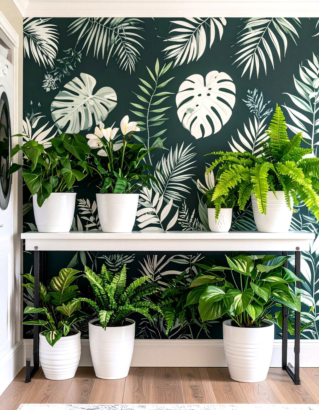 Black and White Botanical Wallpaper Adds Laundry Room Whimsy - 25 black and white laundry room ideas