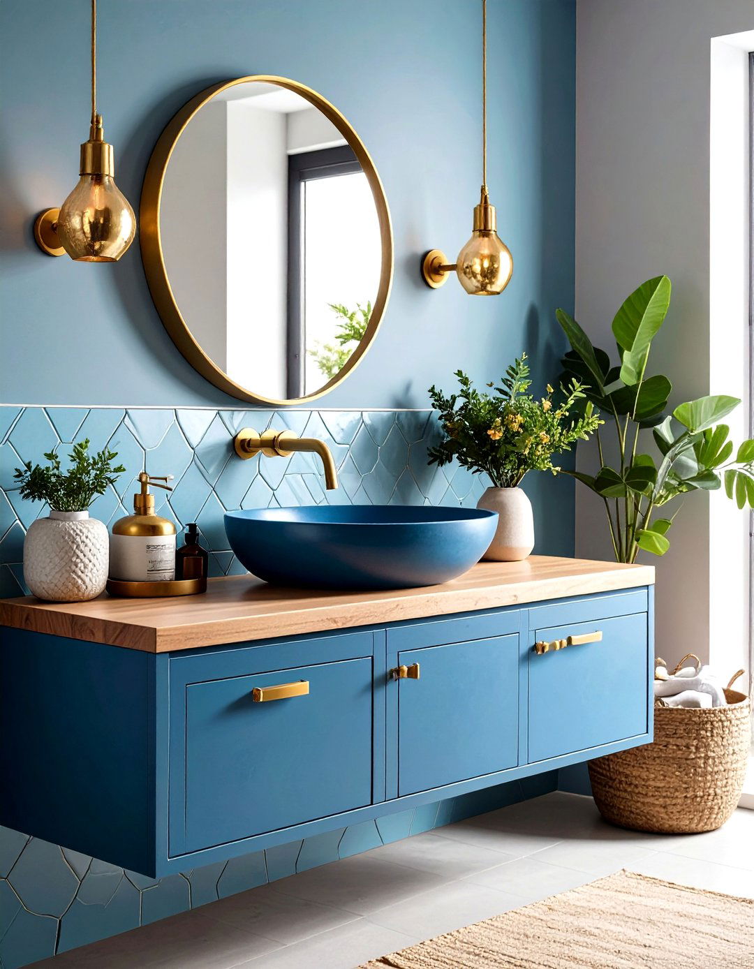 Blue Concrete Sink Bathroom with Gold Wall Mounted Tap - 25 blue and gold bathroom ideas
