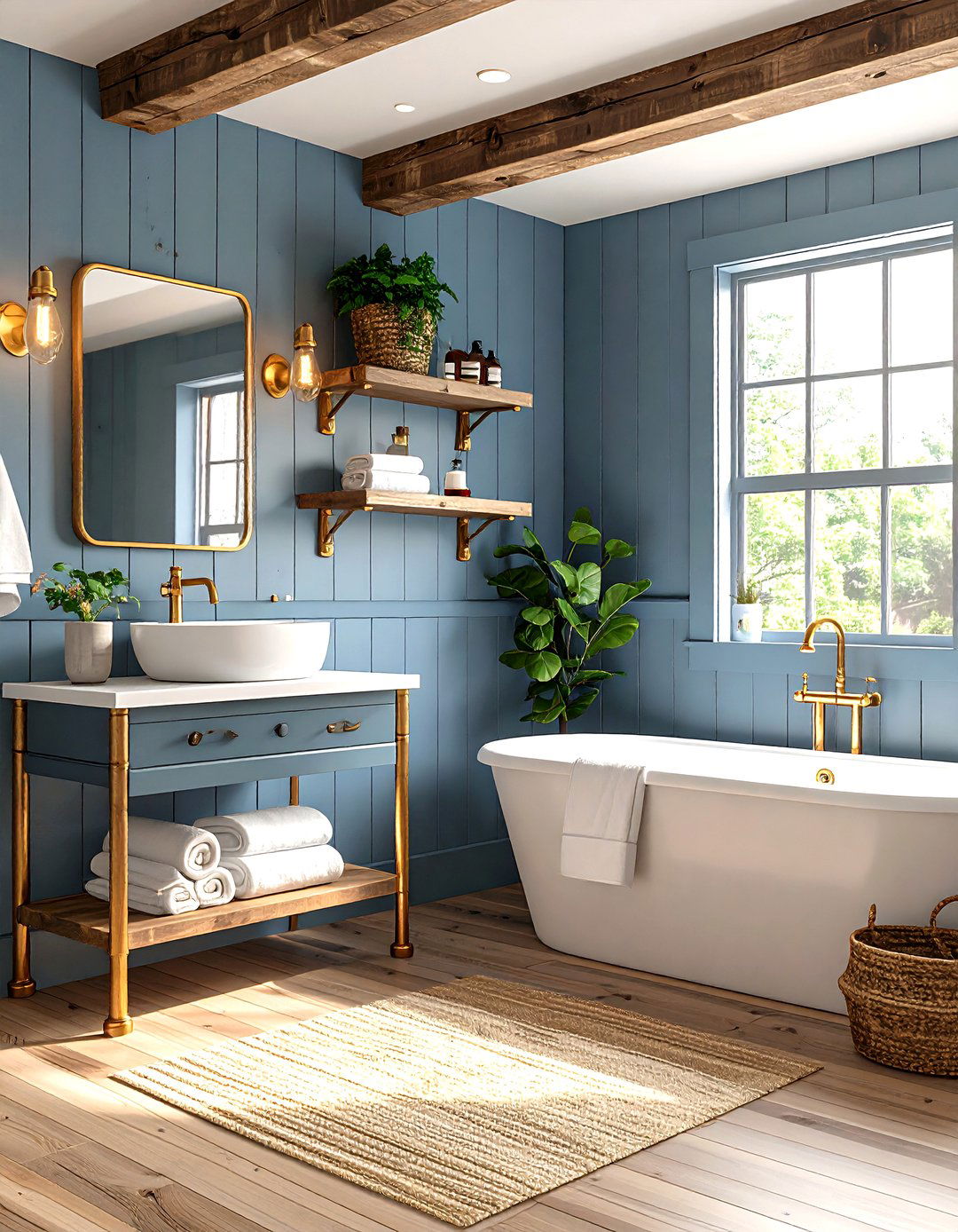 Blue Gray Shiplap Bathroom with Gold Industrial Pipe Shelves - 25 blue and gold bathroom ideas