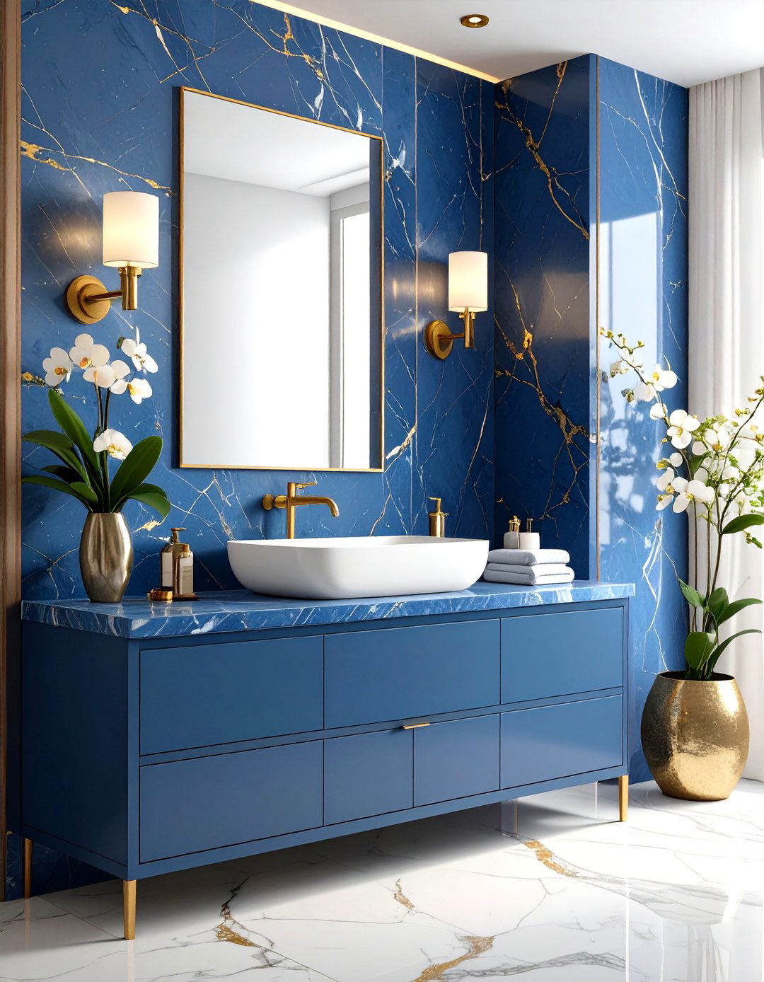 Blue Marble Countertop Bathroom with Gold Veining - 25 blue and gold bathroom ideas