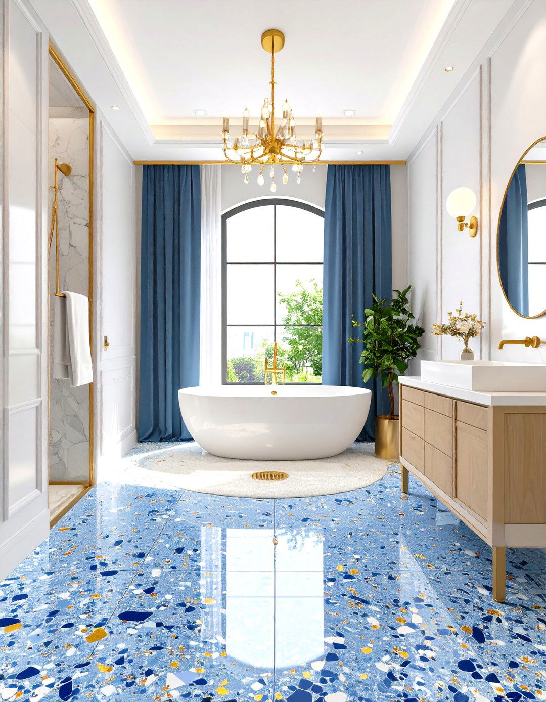 Blue Terrazzo Floor Bathroom with Gold Flakes - 25 blue and gold bathroom ideas