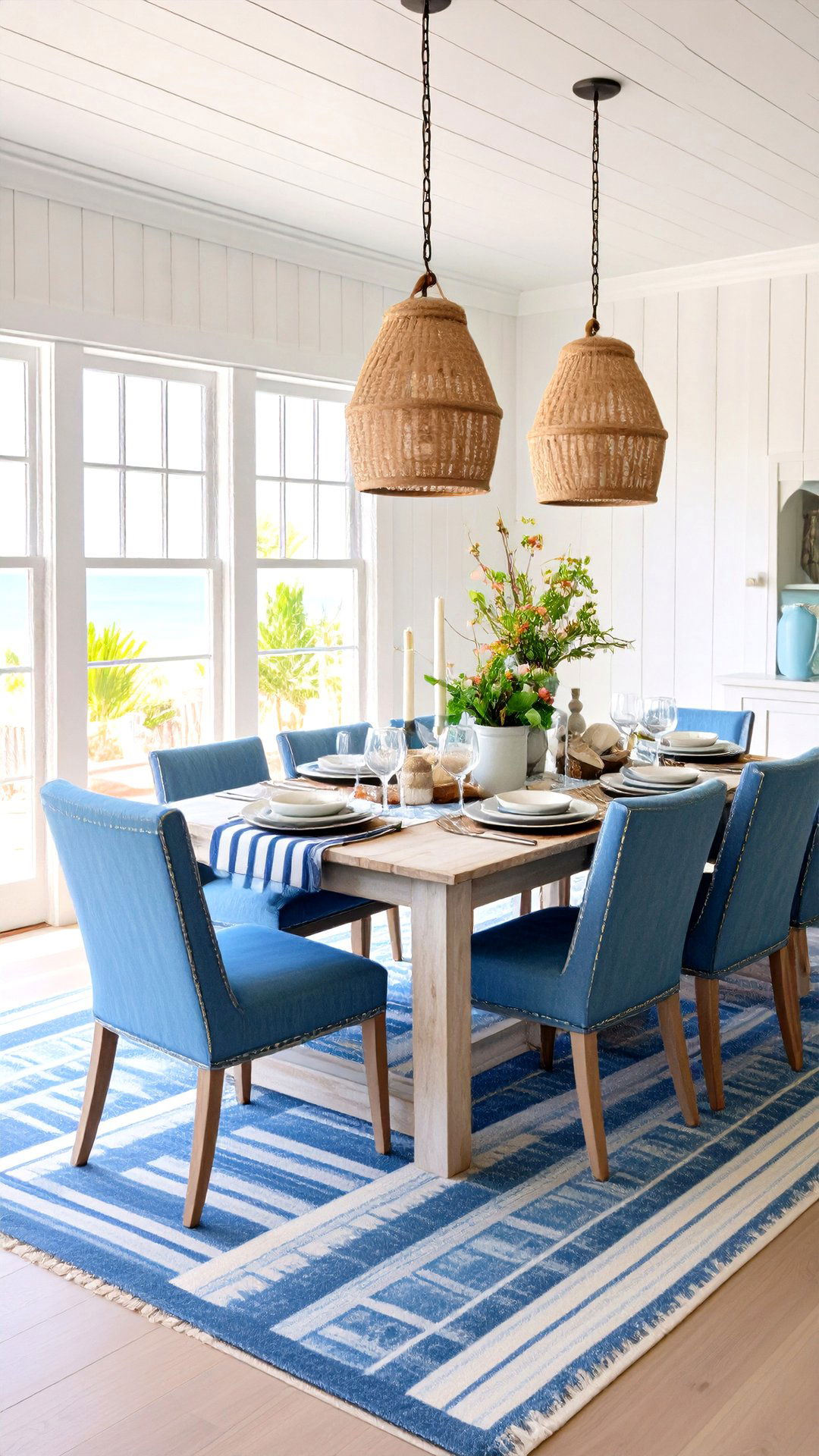 Blue and White Coastal Layers Lighten a Cottage Dining Room - 25 cottage dining room ideas