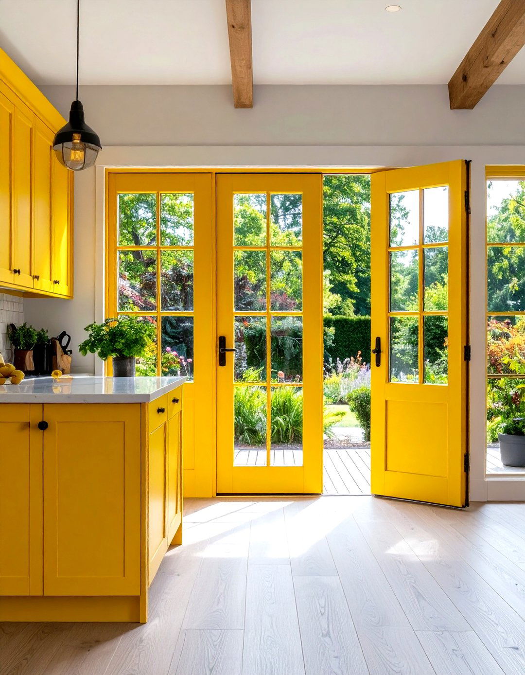Blur Indoors and Out with Yellow Framed Bifold Doors - 25 pale yellow kitchen ideas