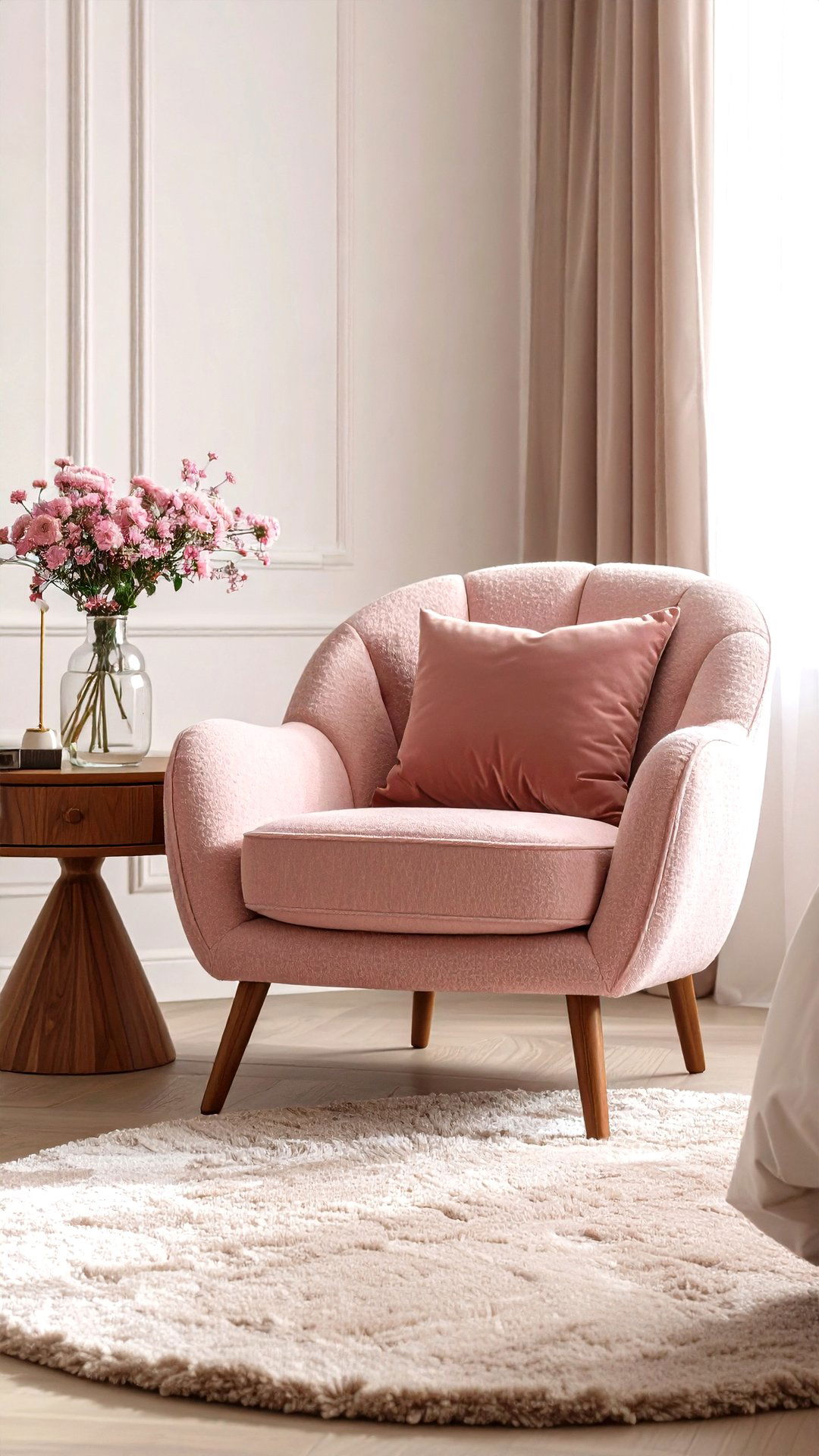 Blush Boucle Accent Chair - 25 blush pink bedroom ideas