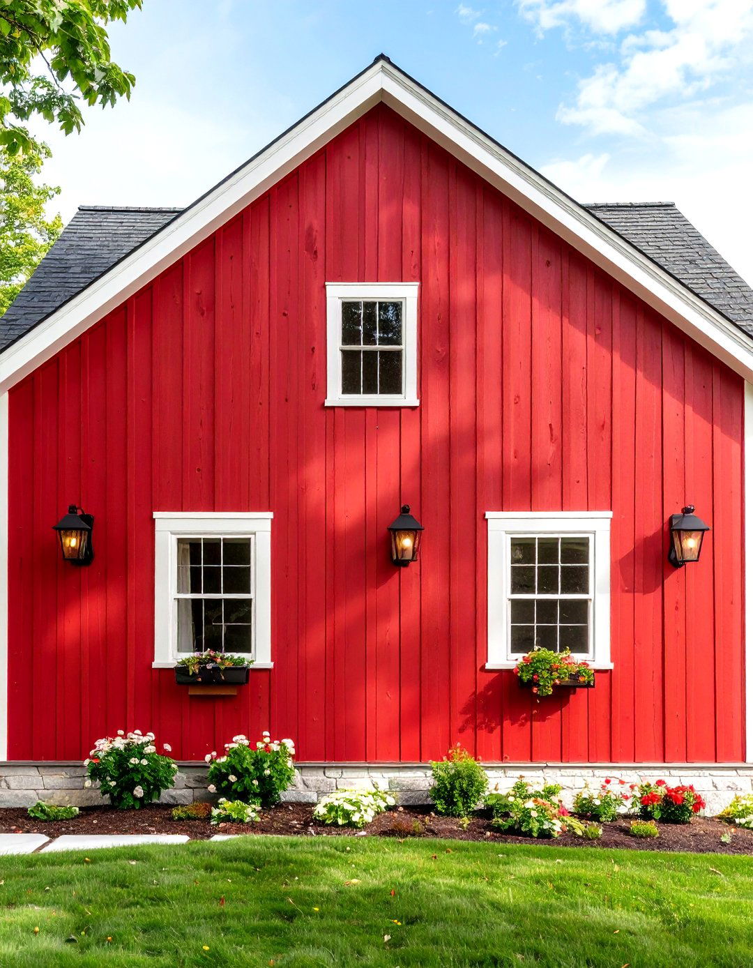 Board and Batten Accent Walls Amplify Farmhouse Character - 25 dark red house exterior ideas