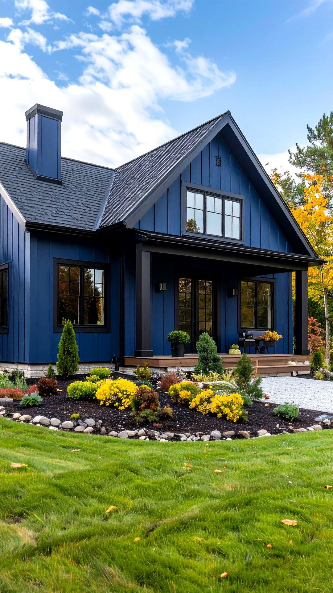 Board and Batten Navy Blue House with Sleek Black Trim - 25 blue house with black trim ideas