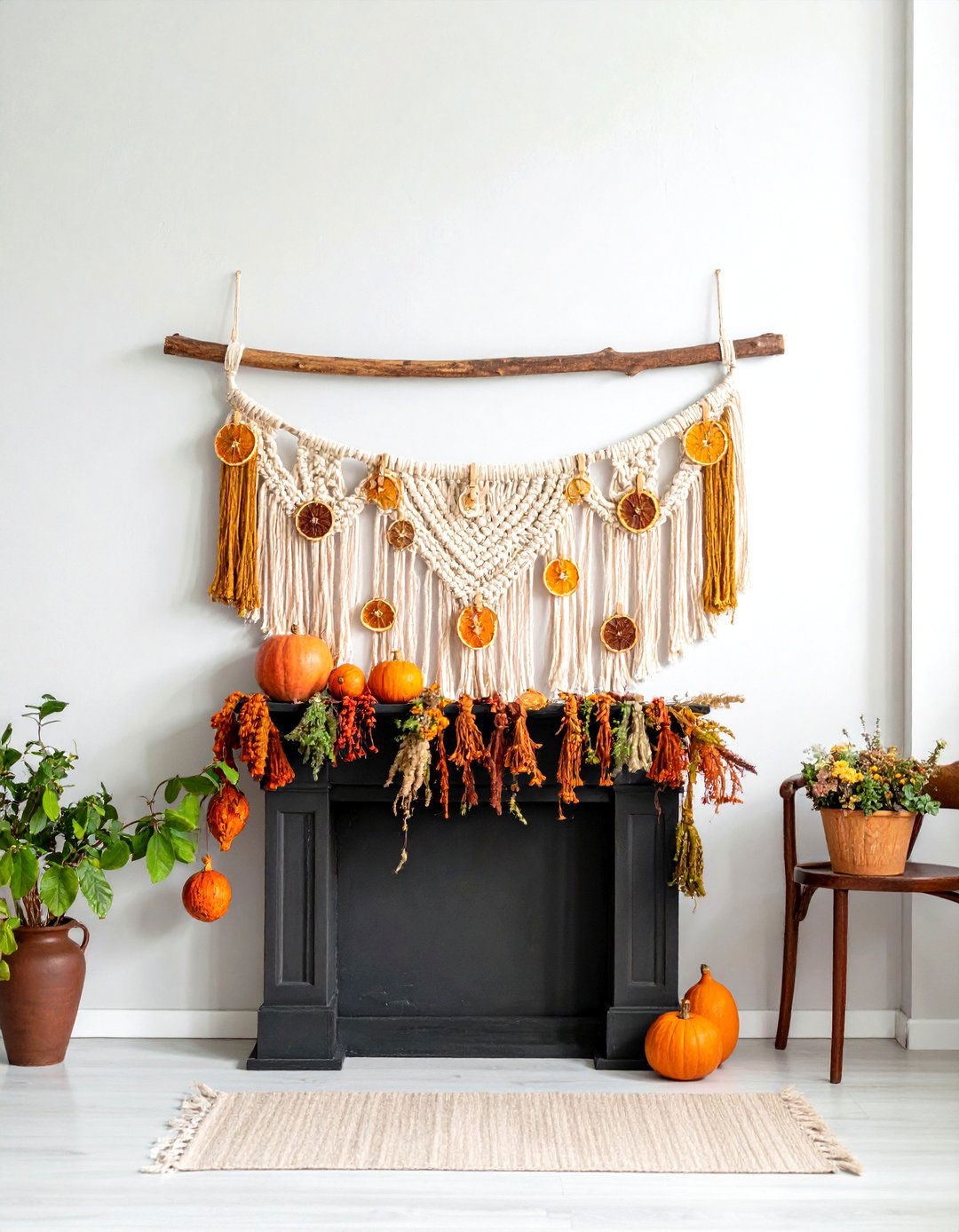 Boho Macrame Garland Mantel - 25 fall mantel decor ideas