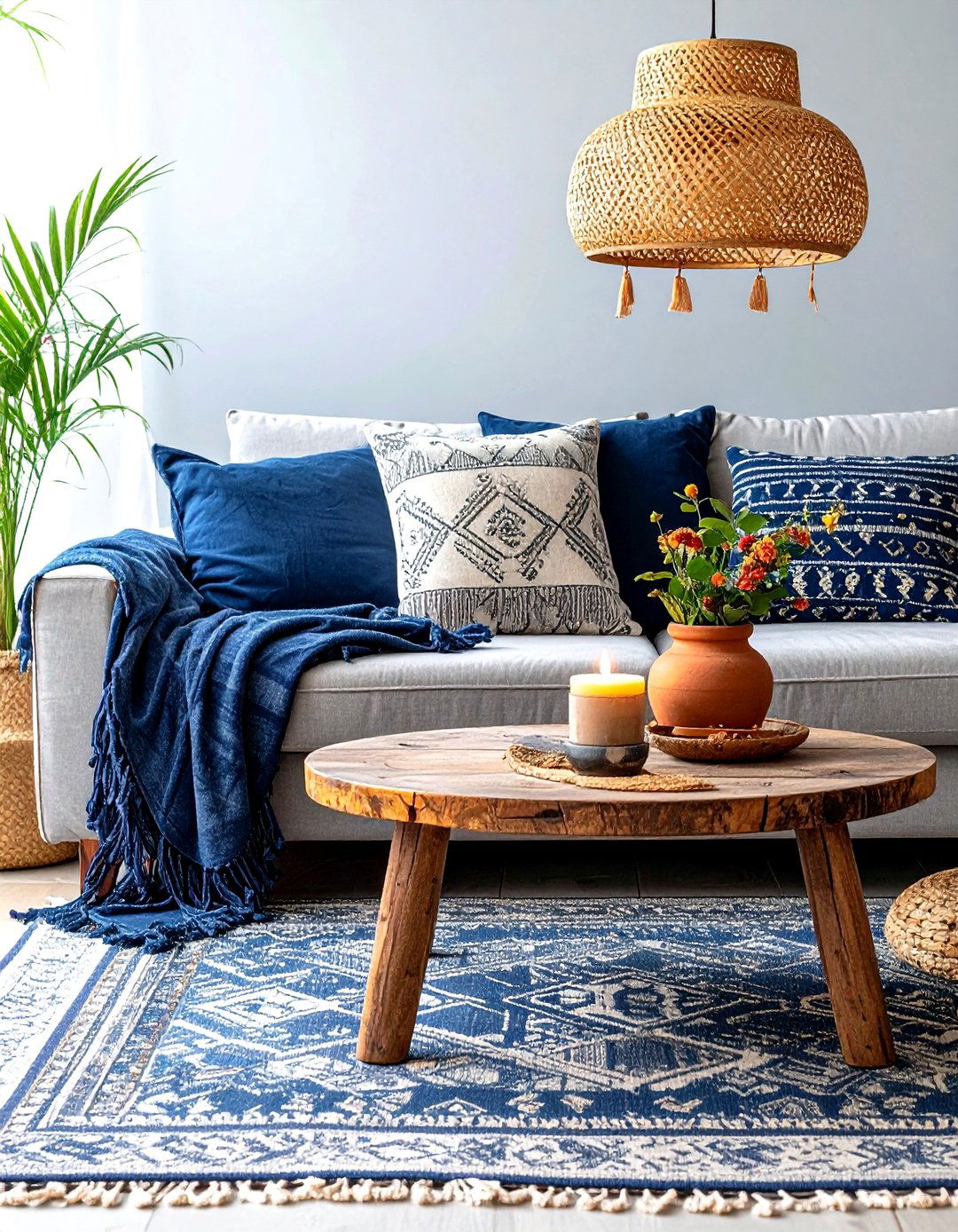 Boho Mix Navy Grey and Natural Wood - 25 navy blue and grey living room ideas