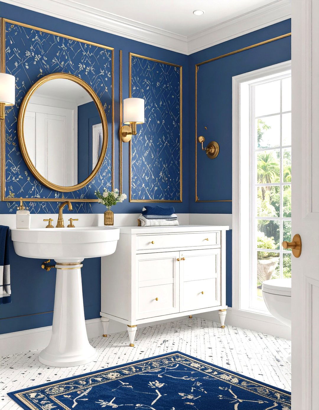 Bold Blue Wallpaper Bathroom with Gold Highlights - 25 blue and gold bathroom ideas