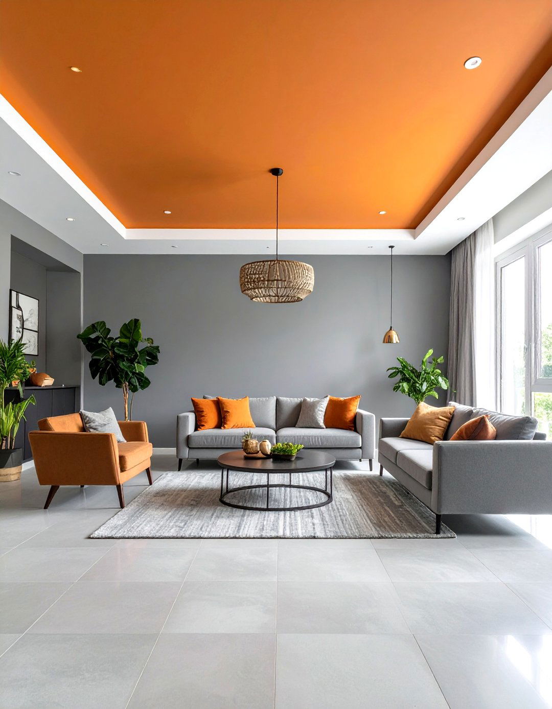 Bold Orange Ceiling Hovering Above Misty Grey Walls - 25 orange and grey living room ideas