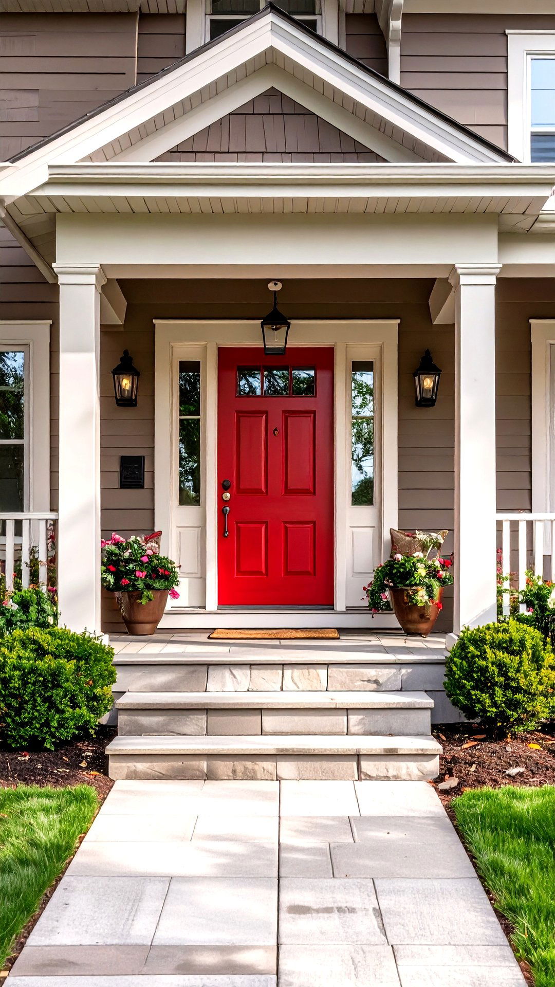 Bold Red Front Door Creates Classic Contrast for Brown House - 25 brown house front door colors